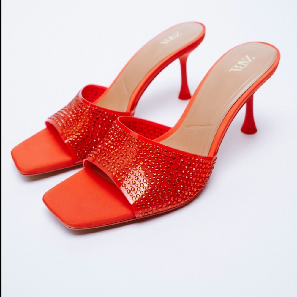 Zara Red/Orange Square Toe Sparkly Vinyl Heels Size 8/39